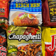Array of Korean noodle product packages, such as Chapaghetti and Jin Ramen